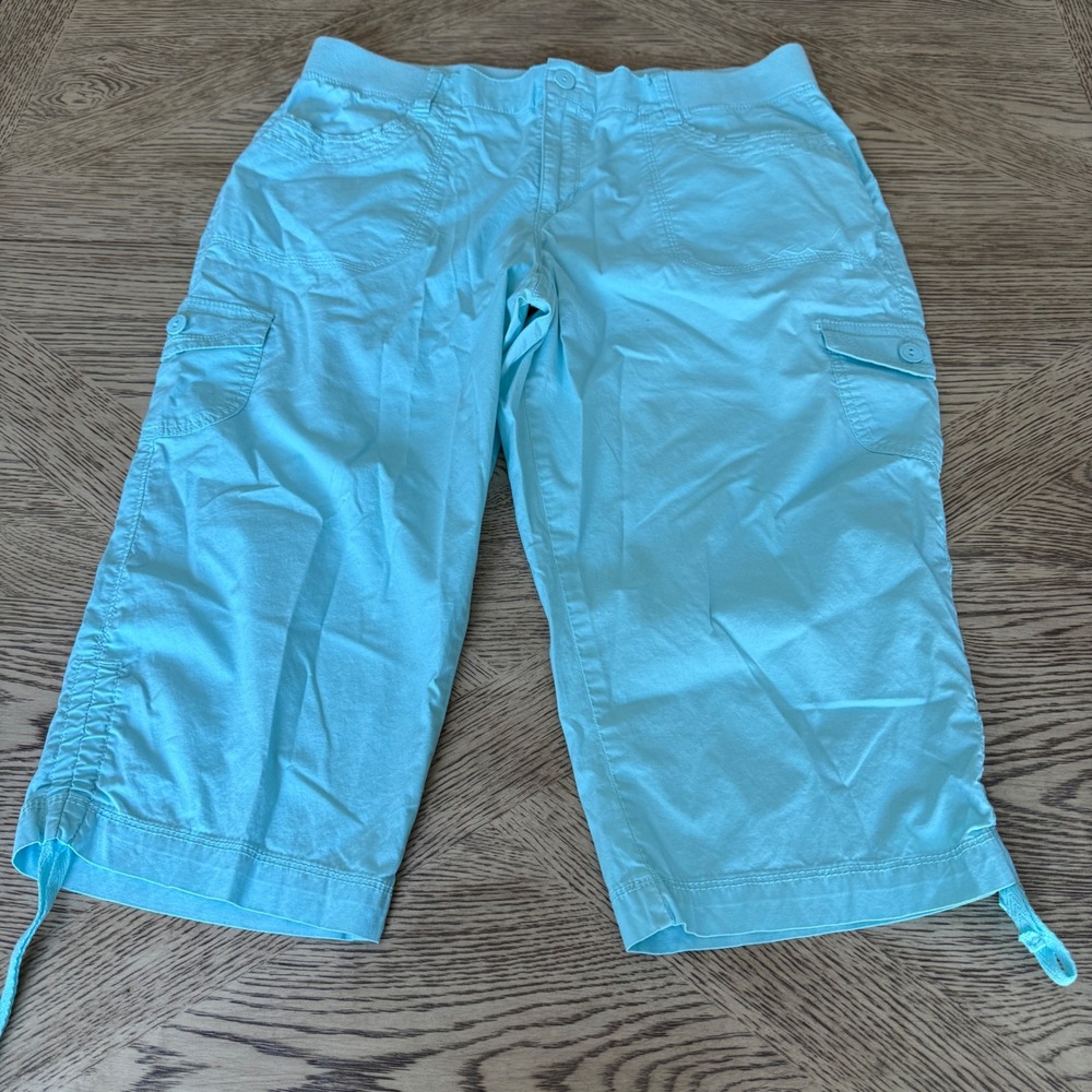 Gloria Vanderbilt Turquoise Blue Cargo Capri Pants Womens 14 Side Tie Crop Leg
